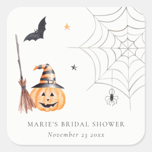 Cute Halloween Pumpkin Spider Web Bridal Shower Square Sticker