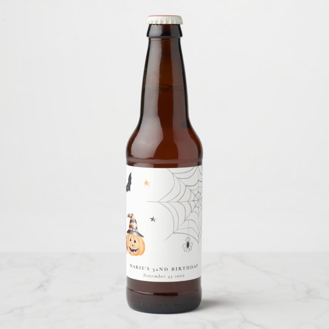 Cute Halloween Pumpkin Spiderweb Any Age Birthday Beer Bottle Label (Front)