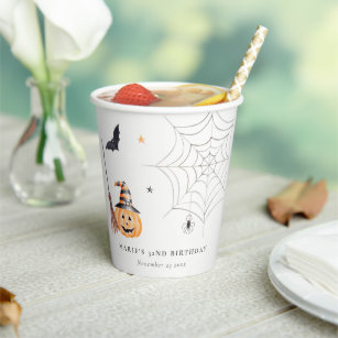 Cute Halloween Pumpkin Spiderweb Any Age Birthday Paper Cups