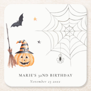 Cute Halloween Pumpkin Spiderweb Any Age Birthday Square Paper Coaster