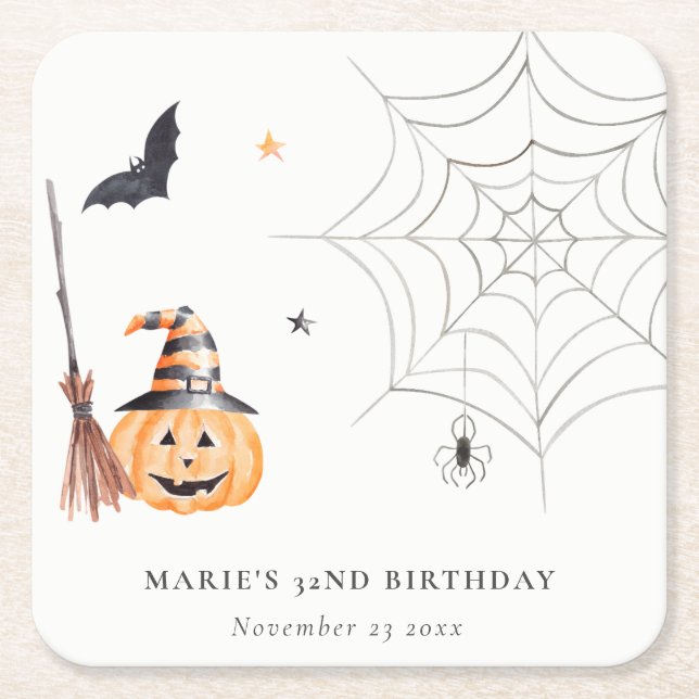 Cute Halloween Pumpkin Spiderweb Any Age Birthday Square Paper Coaster (Front)