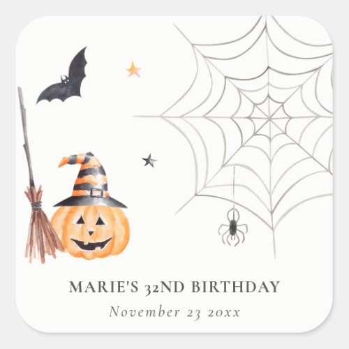 Cute Halloween Pumpkin Spiderweb Any Age Birthday Square Sticker