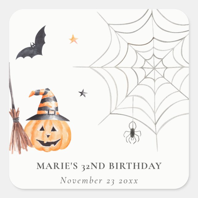 Cute Halloween Pumpkin Spiderweb Any Age Birthday Square Sticker (Front)