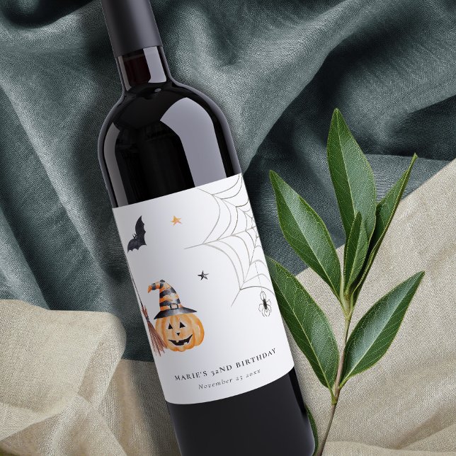 Cute Halloween Pumpkin Spiderweb Any Age Birthday Wine Label (Creator Uploaded)