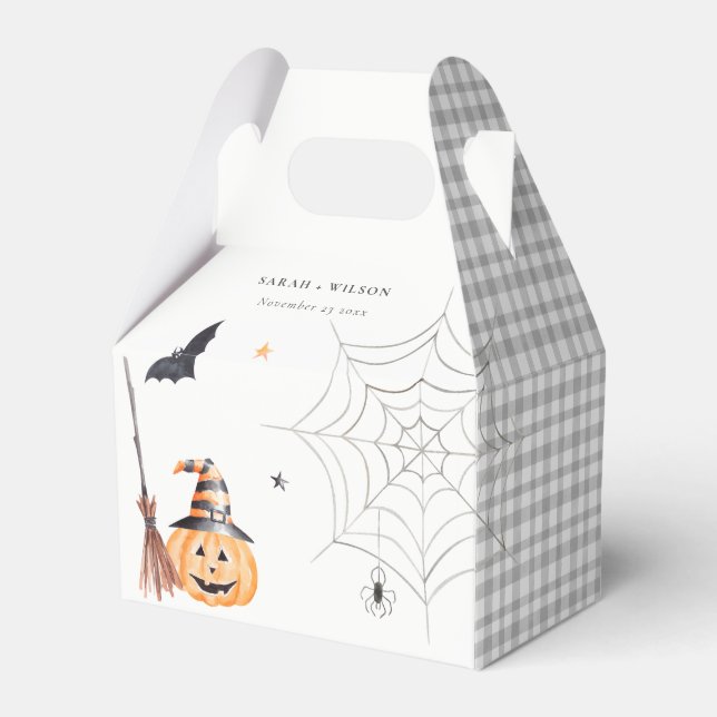 Cute Halloween Pumpkin Spiderweb Spooky Wedding Favor Boxes (Front Side)