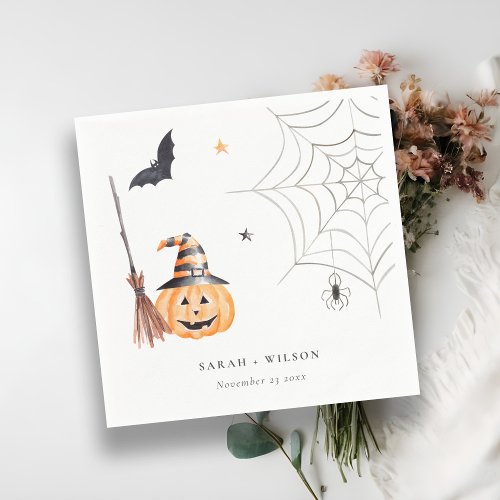 Cute Halloween Pumpkin Spiderweb Spooky Wedding Napkins
