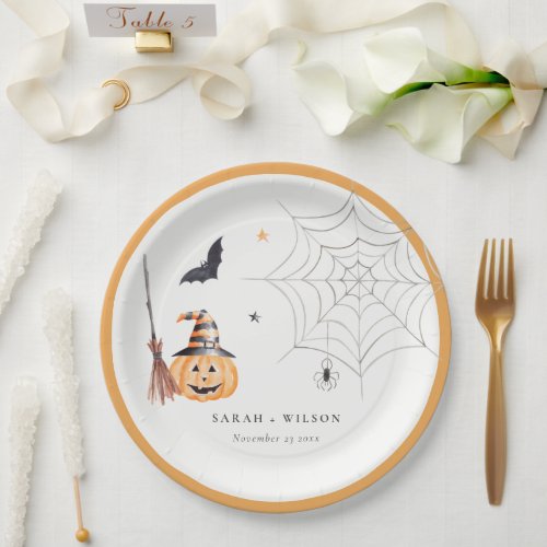 Cute Halloween Pumpkin Spiderweb Spooky Wedding Paper Plates