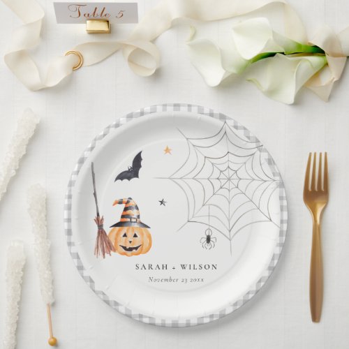 Cute Halloween Pumpkin Spiderweb Spooky Wedding Paper Plates