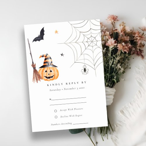 Cute Halloween Pumpkin Spiderweb Spooky Wedding RSVP Card