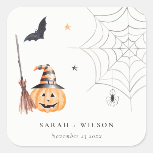 Cute Halloween Pumpkin Spiderweb Spooky Wedding Square Sticker