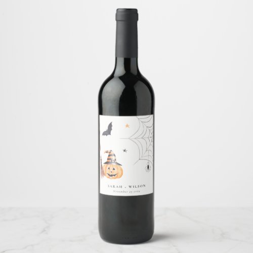 Cute Halloween Pumpkin Spiderweb Spooky Wedding Wine Label