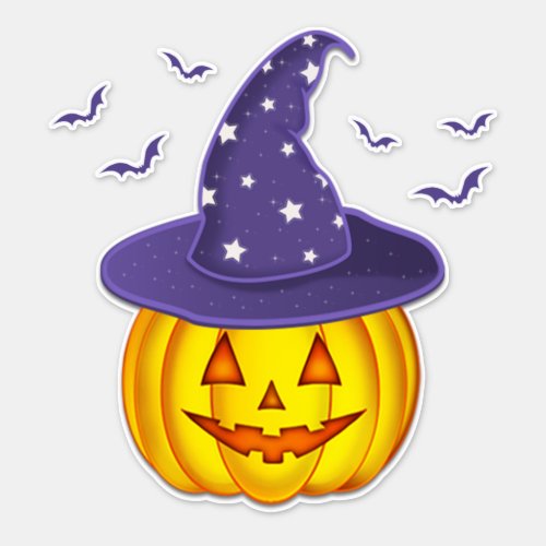 Cute Halloween Pumpkin Wearing Witch Hat  Bats Sticker