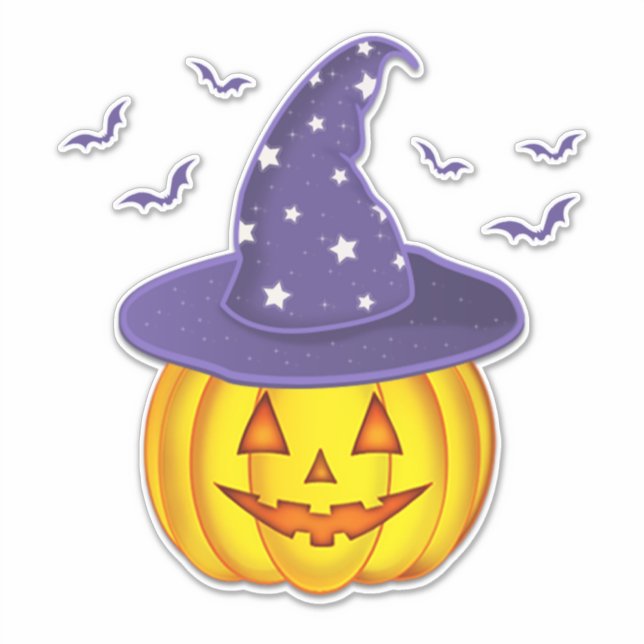 Cute Halloween Pumpkin Wearing Witch Hat & Bats Sticker (Front)