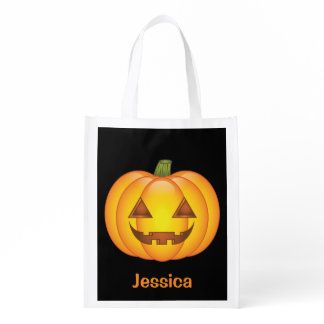 Cute Halloween Pumpkin With Custom Name Reusable Grocery Bag