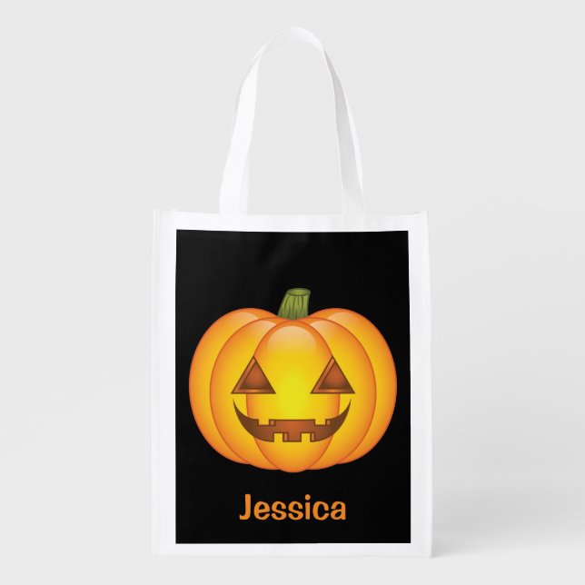 Cute Halloween Pumpkin With Custom Name Reusable Grocery Bag (Front)