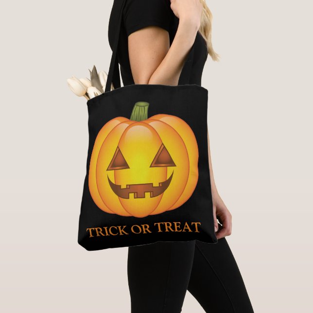 Cute Halloween Pumpkin With Trick Or Treat Text Tote Bag (Close Up)