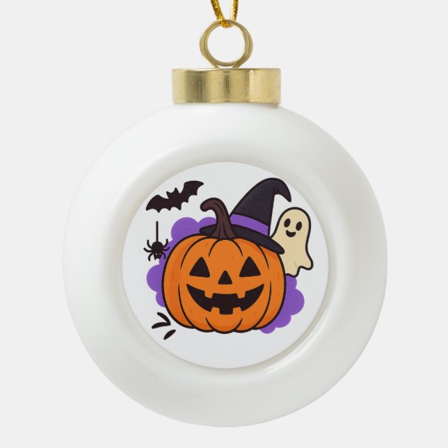 Cute Halloween Pumpkin with Witch Hat – Ghost & Ba Ceramic Ball Christmas Ornament (Front)