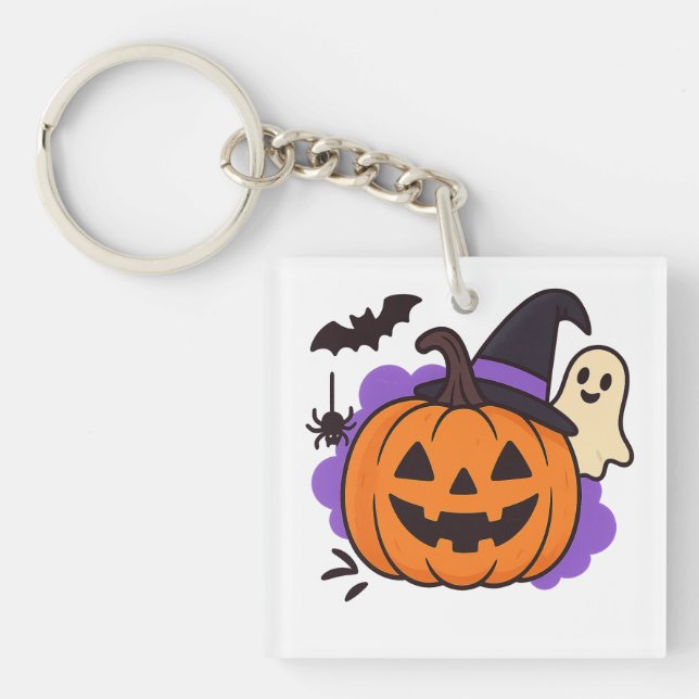 Cute Halloween Pumpkin with Witch Hat – Ghost & Ba Keychain (Front)