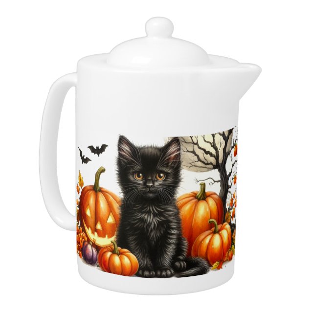 Cute Halloween Pumpkins and Cat Holiday Teapot (Left)