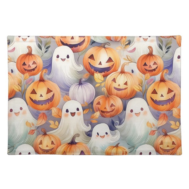 Cute halloween pumpkins and ghosts cloth placemat (Front)