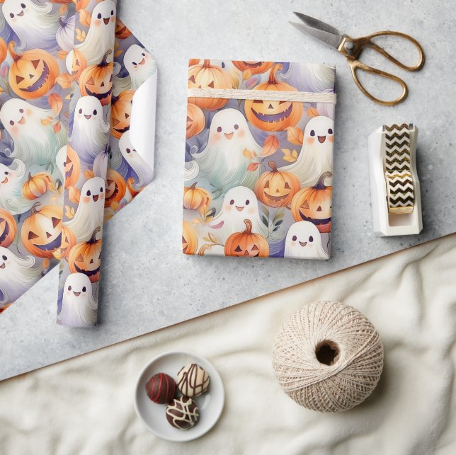 Cute halloween pumpkins and ghosts wrapping paper (Crafts)