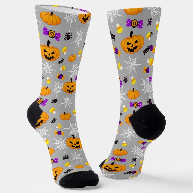 Cute Halloween Pumpkins and Spiders Pattern Gray Socks (Angled)