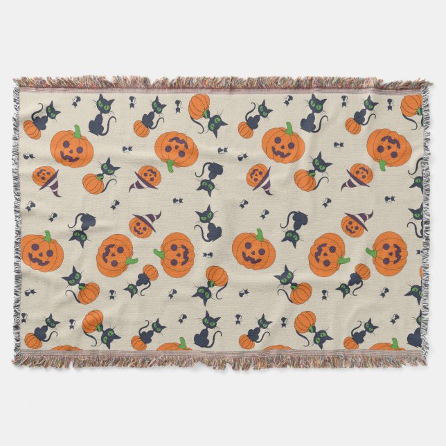 Cute Halloween Pumpkins & Black Cats Pattern Fleec Throw Blanket (Front)
