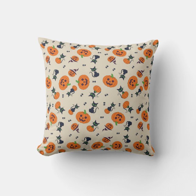 Cute Halloween Pumpkins & Black Cats Pattern Fleec Throw Pillow (Front)