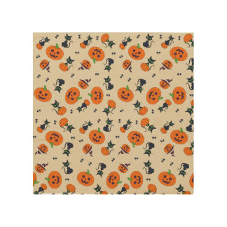 Cute Halloween Pumpkins & Black Cats Pattern Fleec Wood Wall Art