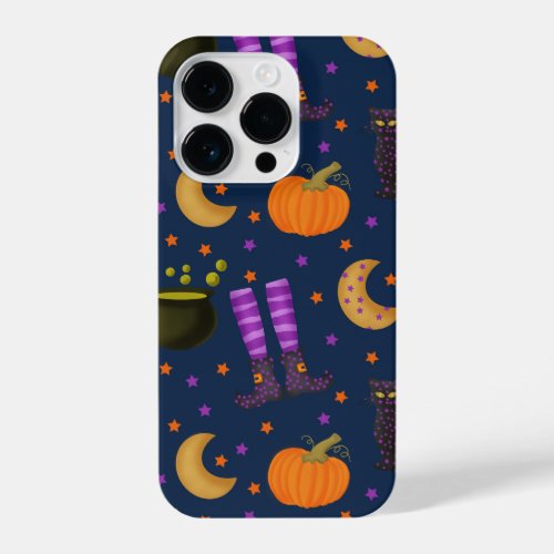 Cute Halloween Pumpkins Cats and Moons iPhone 14 Pro Case