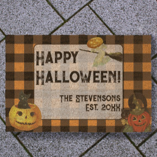 Cute Halloween Pumpkins Custom Family Name Fiber Doormat
