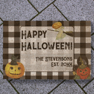 Cute Halloween Pumpkins Custom Family Name Fiber Doormat