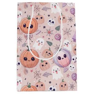 Cute Halloween Pumpkins & Ghosts on Pink Seamless Medium Gift Bag