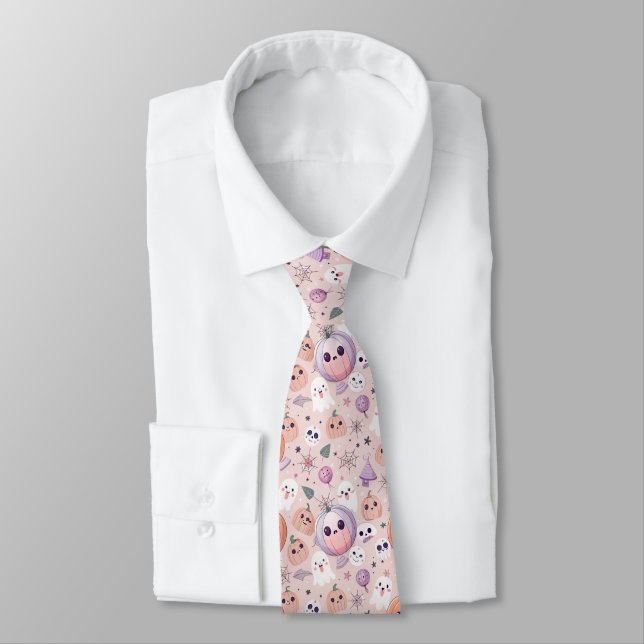 Cute Halloween Pumpkins & Ghosts on Pink Seamless Neck Tie (Tied)