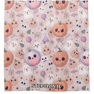 Cute Halloween Pumpkins & Ghosts on Pink Seamless Shower Curtain