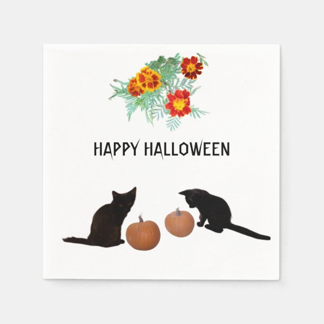Cute Halloween Pumpkins Marigolds Black Cats Napkins (Front)