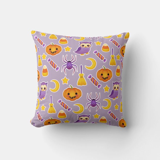 Cute Halloween Pumpkins Owls Spiders Stars Pattern Throw Pillow (Front)