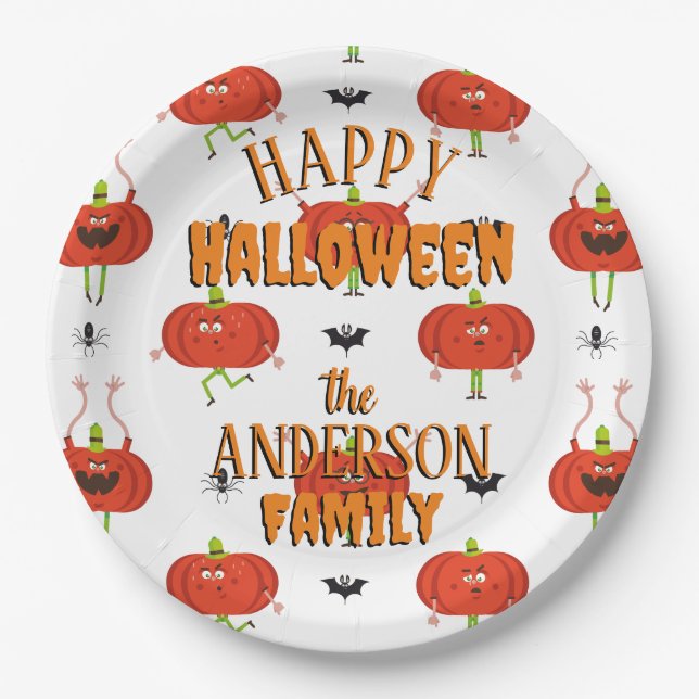 Cute halloween pumpkins, spider & bat pattern paper plates (Front)