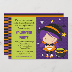 Cute Halloween Purple Haired Witch Party Invitation