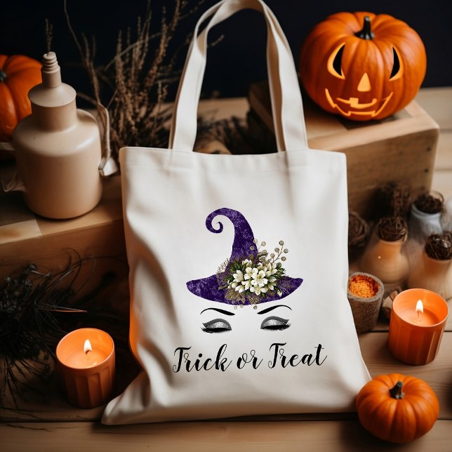 Cute Halloween Purple Witch Hat Trick or Treat Tote Bag (Creator Uploaded)