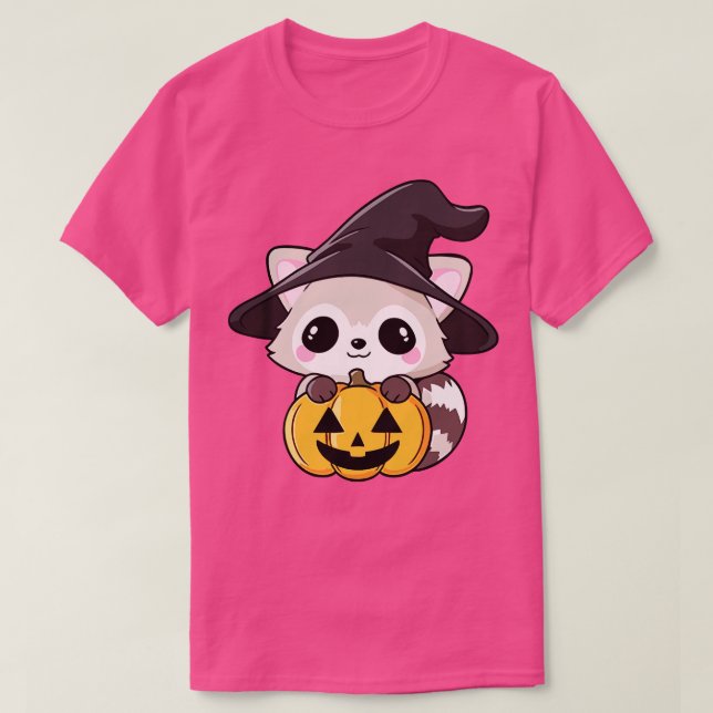 Cute Halloween raccoon in a witch hat and pumpkin  T-Shirt (Design Front)