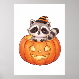 Cute Halloween Raccoon in Jack-o'-Lantern Pumpkin  Poster