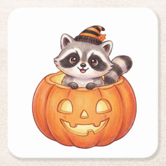 Cute Halloween Raccoon in Jack-o'-Lantern Pumpkin  Square Paper Coaster