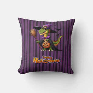 Cute Halloween Raptor/Dinosaur Witch Throw Pillow
