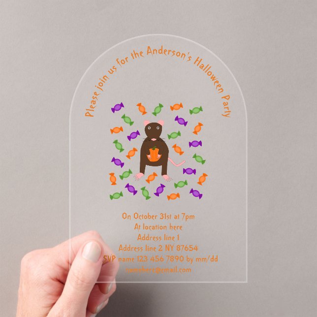 Cute Halloween Rat and Pumpkin Custom Acrylic Invitations (Insitu (Handheld))
