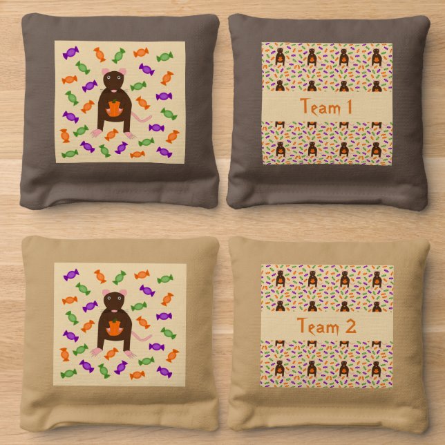 Cute Halloween Rat and Pumpkin Custom Cornhole Bags (Wood)