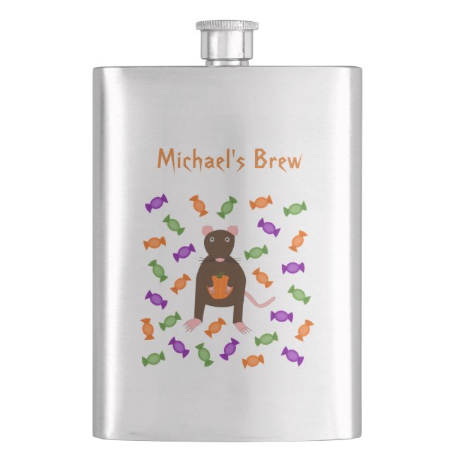 Cute Halloween Rat and Pumpkin Custom Flask (Front)