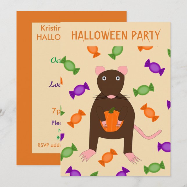 Cute Halloween Rat and Pumpkin Custom Party Invitation (Front/Back)