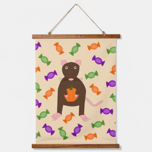Cute Halloween Rat and Pumpkin Hanging Tapestry (Front)