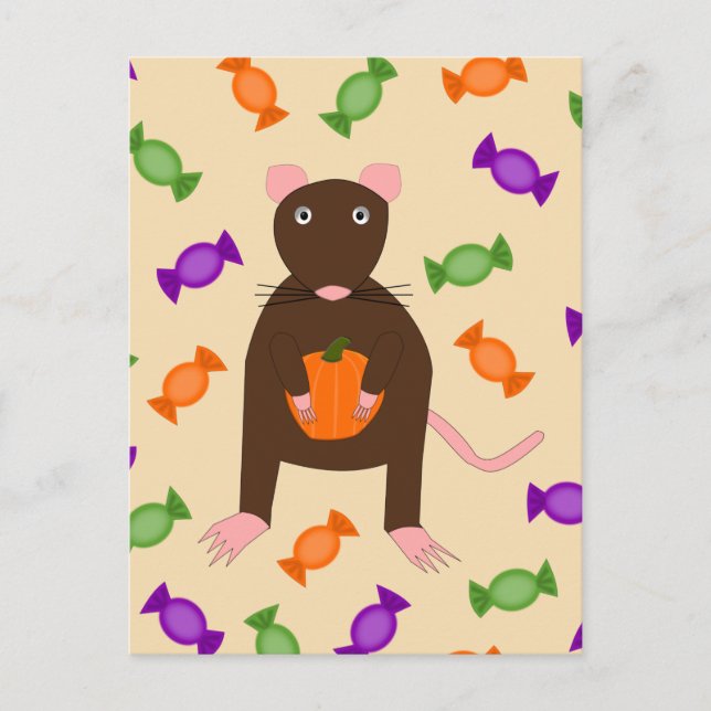 Cute Halloween Rat and Pumpkin Postcard (Front)